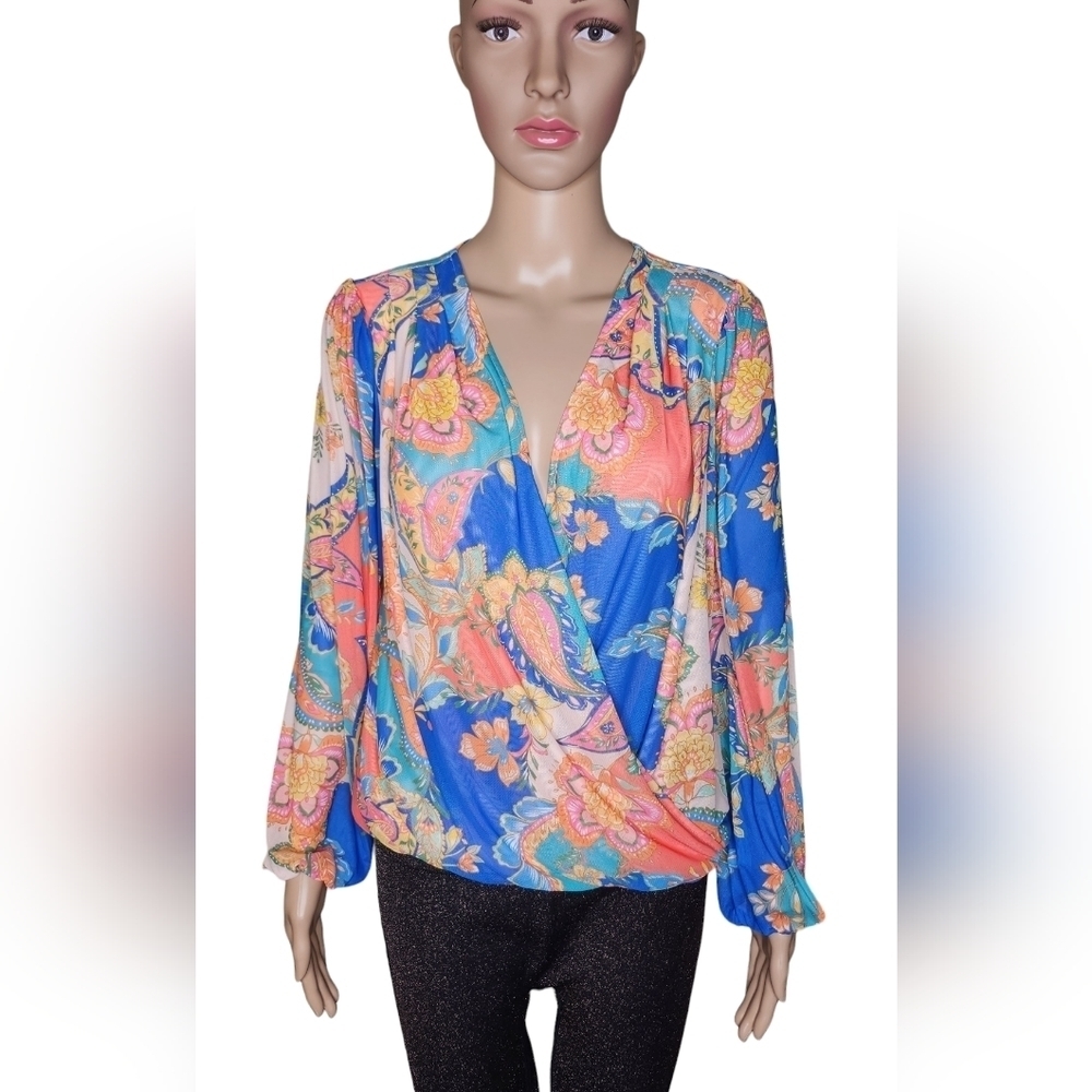Boston Proper women's multi paisley mesh surplic long sleeve knit blouse Sz S
